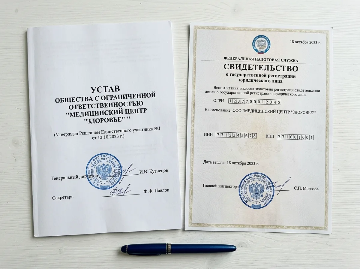 Устав ООО и свидетельство о регистрации медицинской организации, документ на белом фоне с печатями ФНС