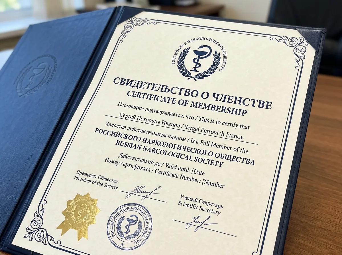Свидетельство членства в Российском наркологическом обществе, документ с эмблемой организации